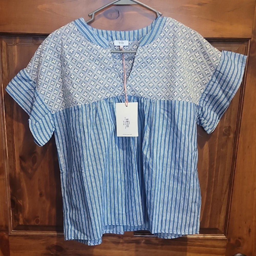 Blue and White Patterned Blouse
